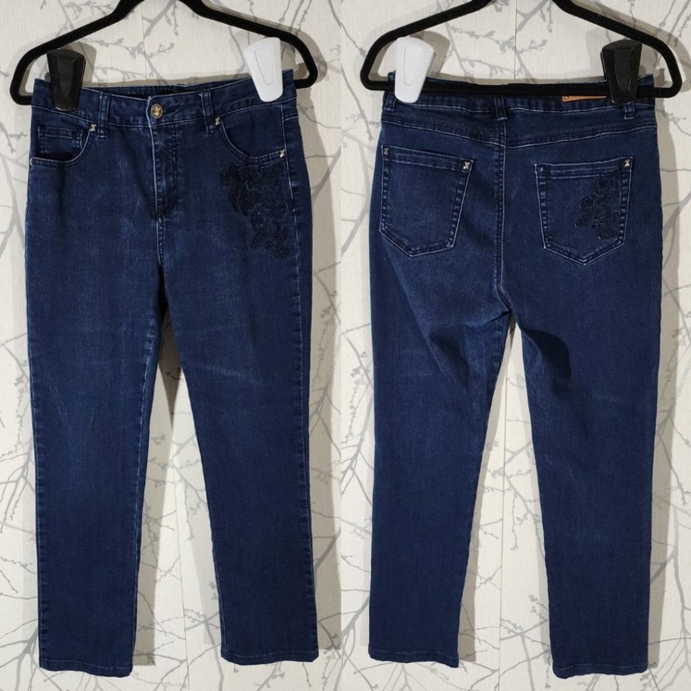 Simon Chang Floral Embroidered High Rise Slim Ankle Jeans | Women's 6